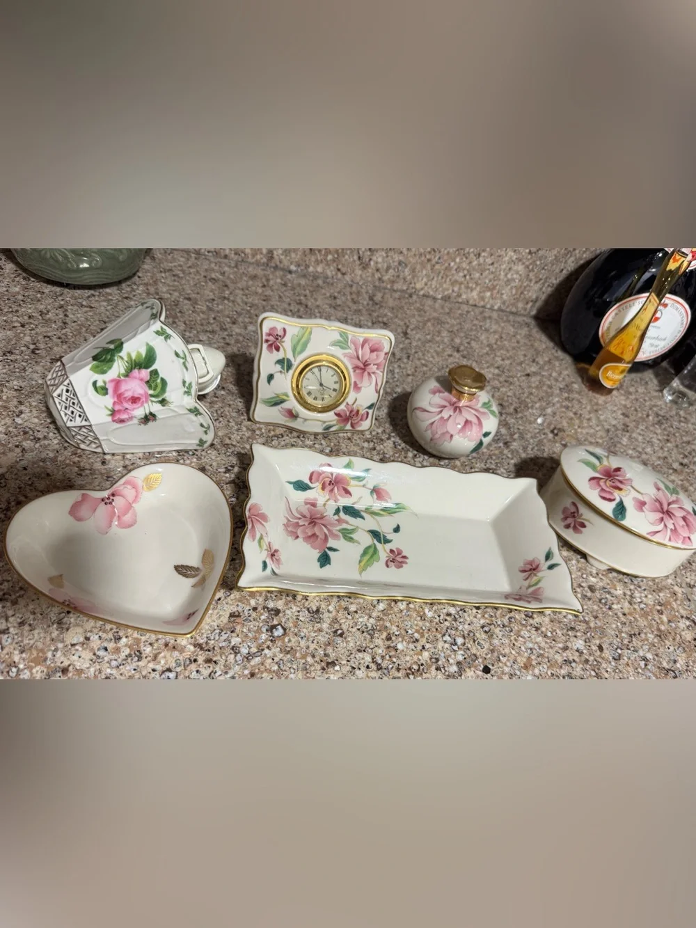 Lenox Pink Floral Porcelain Vanity Set with Gold Trim